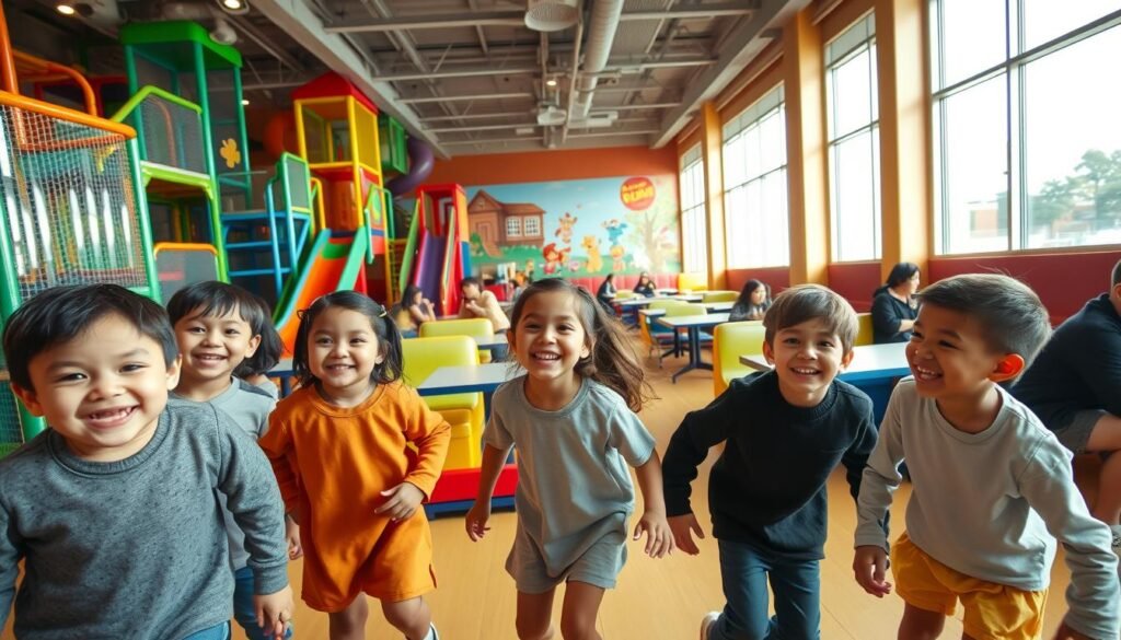 A vibrant and inviting indoor play area at a Burger King, showcasing colorful play structures with slides, climbing walls, and interactive games. In the foreground, a group of smiling children in modest casual clothing joyfully playing together, their laughter visible through their expressions. The middle section features colorful seating areas with tables where parents can relax and observe, accented by bright murals depicting whimsical cartoon characters. In the background, large windows allow natural sunlight to flood the space, creating a warm and welcoming atmosphere. The scene is captured with a wide-angle lens, emphasizing the lively energy of the play area, with soft, diffused lighting highlighting the playful colors and joyful atmosphere. A vibrant and inviting indoor play area at a Burger King, showcasing colorful play structures with slides, climbing walls, and interactive games. In the foreground, a group of smiling children in modest casual clothing joyfully playing together, their laughter visible through their expressions. The middle section features colorful seating areas with tables where parents can relax and observe, accented by bright murals depicting whimsical cartoon characters. In the background, large windows allow natural sunlight to flood the space, creating a warm and welcoming atmosphere. The scene is captured with a wide-angle lens, emphasizing the lively energy of the play area, with soft, diffused lighting highlighting the playful colors and joyful atmosphere.