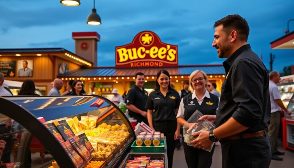 A vibrant and inviting scene capturing the essence of "quality" at Buc-ee's Richmond. In the foreground, a well-organized display of freshly prepared, high-quality snacks and local products, emphasizing excellence in service and presentation. The middle ground showcases friendly staff in neat uniforms, warmly engaging with customers, radiating a commitment to service. The background features the iconic Buc-ee's signage, illuminated by warm, inviting lights against a dusky blue sky. The setting is bustling but organized, highlighting a sense of pride and community. The image should be taken with a wide-angle lens to encompass the lively atmosphere, with soft, golden lighting to enhance warmth and friendliness, creating a welcoming mood.
