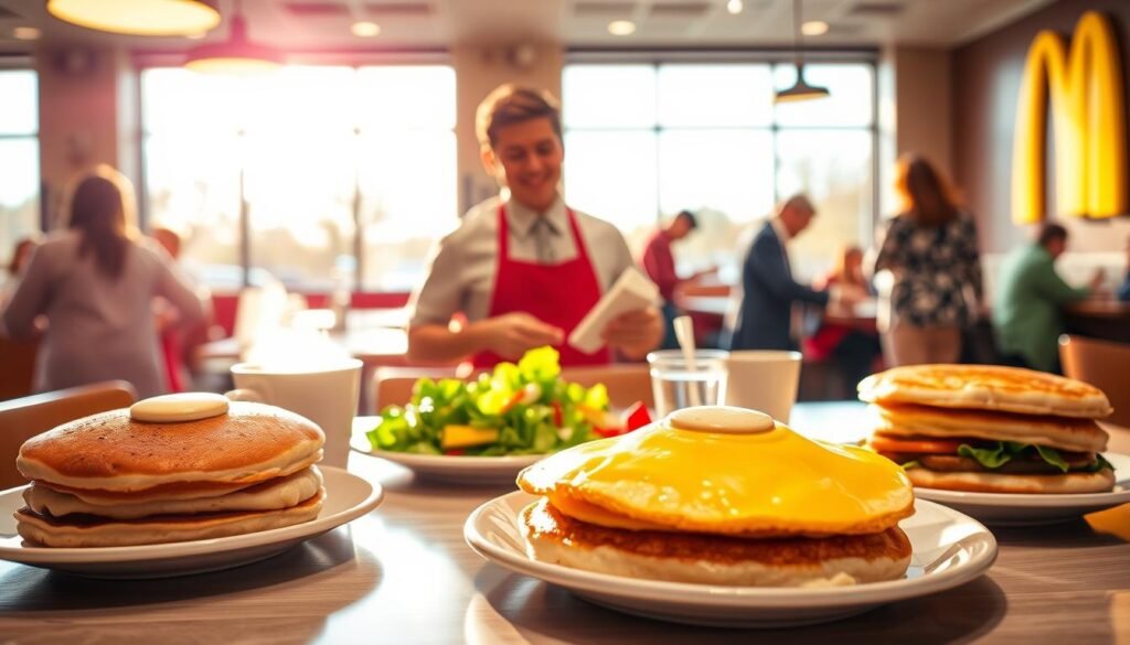 A vibrant and inviting scene depicting the transition from breakfast to lunch at a McDonald's setting. In the foreground, a neatly arranged table showcases a delicious spread with a golden egg McMuffin, fluffy pancakes, and a fresh salad, alongside a steaming cup of coffee. In the middle ground, a friendly employee in a professional uniform is preparing a lunchtime burger, emphasizing the dining transition. The background features a bright, modern McDonald's interior with large windows letting in warm, natural light, casting soft shadows. The atmosphere is lively yet relaxed, capturing the bustling energy of customers enjoying their meals. The angle is slightly elevated, providing a clear view of the food and the employee's engaging actions.