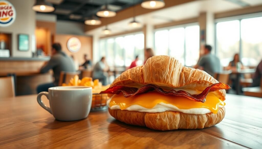 A vibrant and inviting scene of a Burger King breakfast spread, featuring a large, fluffy croissant sandwich filled with a freshly cooked egg, melted cheese, and crispy bacon, placed prominently in the foreground. On a clean, rustic wooden table, include a side of golden hash browns and a steaming cup of coffee to convey morning energy. In the middle ground, showcase a soft-focus quick-service Burger King restaurant setting with a welcoming atmosphere and bright, warm lighting. The background features large windows letting in natural light, reflecting the morning ambiance, with customers enjoying their meals in casual attire. Capture the essence of a lively breakfast rush, infusing the image with a sense of comfort and satisfaction.