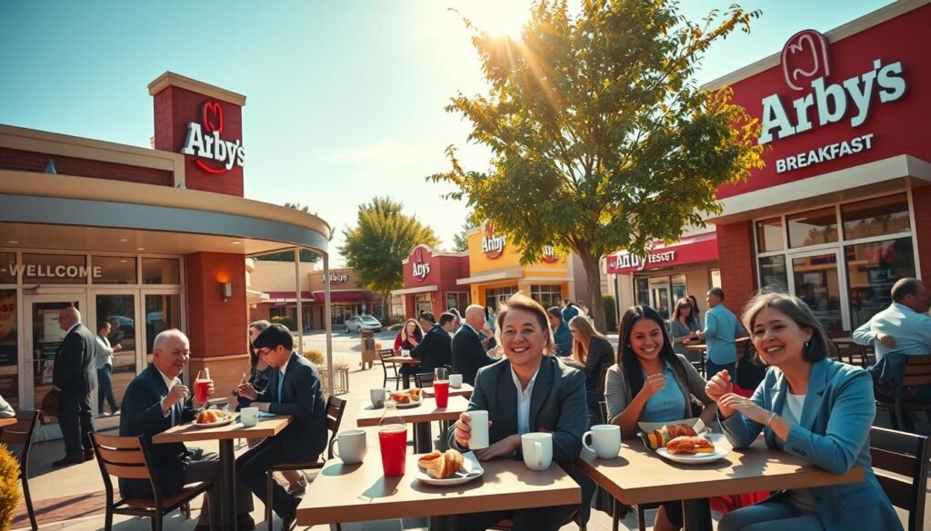 A vibrant and inviting scene showcasing several Arby's locations during breakfast hours. In the foreground, a well-lit Arby's restaurant with a welcoming entrance featuring the iconic logo and signage. The middle ground includes cheerful customers, dressed in professional business attire, enjoying their breakfast meals at outdoor tables, with steaming coffee cups and various breakfast sandwiches. In the background, multiple other Arby's locations are visible, creating a sense of community and accessibility, surrounded by bright morning sunlight. The atmosphere is warm and lively, reflecting a bustling breakfast rush. Use a wide-angle lens perspective to capture the energy and clarity, ensuring crisp details and a bright color palette. The lighting should be soft yet radiant, emphasizing the freshness of morning.