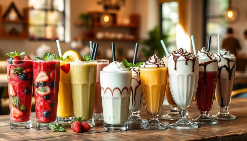 A vibrant and inviting spread of various smoothies and handcrafted shakes, elegantly arranged on a rustic wooden table. In the foreground, showcase colorful smoothies in tall, clear glass cups, filled with fresh fruits like strawberries, blueberries, and bananas, garnished with mint leaves. In the middle, a selection of creamy shakes with whipped cream topping and chocolate drizzle, displayed in stylish, decorative glasses. The background features a soft-focus café setting with warm ambient lighting, enhancing the cozy atmosphere. Natural sunlight streams in from a nearby window, casting gentle shadows that adds depth to the scene. Capture this image at a slightly elevated angle, emphasizing the textures and colors, creating a sense of freshness and indulgence.