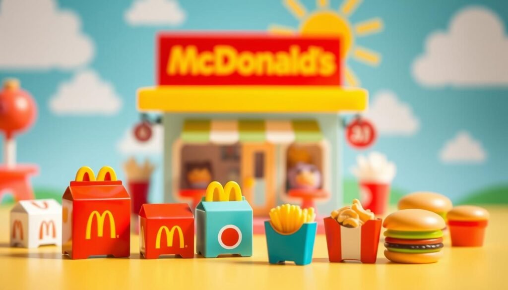 A vibrant and playful scene featuring a collection of "Lil McDonald's" miniature toys. In the foreground, showcase several colorful toys, including a miniature Happy Meal box, tiny burgers, and a small fry container, all with a shiny, cartoonish design. The middle layer captures a cheerful setting with playful elements like a Mini McDonald's restaurant backdrop, complete with bright signage and cheerful colors. In the background, include whimsical clouds and a sunny blue sky to enhance the playful mood. Utilize soft, natural lighting to bring out the vivid colors, and employ a shallow depth of field to focus on the toys while softly blurring the background. The overall atmosphere is joyful and inviting, perfect for inspiring nostalgia and excitement.