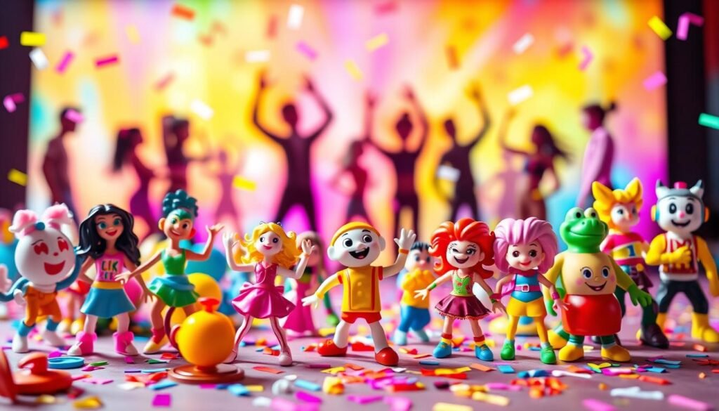 A vibrant and playful scene featuring a collection of colorful Happy Meal toys inspired by the Just Dance promotion. In the foreground, showcase a variety of whimsical, animated characters and toys, including dancing figures with unique poses, bright outfits, and cheerful expressions. In the middle ground, include a colorful backdrop reminiscent of a lively dance party, with confetti falling and musical notes floating around. The background should feature soft, blurred silhouettes of happy children dancing in a playful manner, capturing the excitement of the event. The lighting should be bright and cheerful, creating an atmosphere of joy and fun. Use a wide-angle lens perspective to emphasize the festive scene, ensuring a delightful and energetic mood that invokes childhood nostalgia.