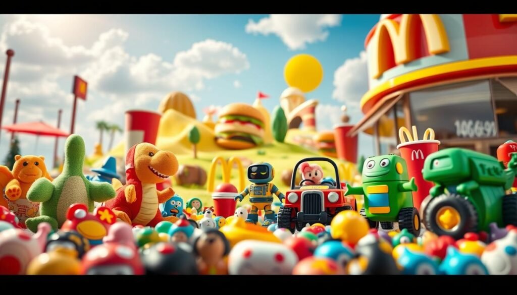 A vibrant and playful scene showcasing a whimsical mashup of various Happy Meal toys from different collaborations. In the foreground, a colorful array of toys including a plush dinosaur, a robot, and a miniature vehicle, all with charming expressions and bright colors. In the middle, a whimsical landscape of oversized decorative elements like a giant hamburger and soft drink, adding depth and a sense of adventure. The background features a sunny sky with fluffy white clouds and a hint of a McDonald's restaurant in a playful style, reflecting the joyful atmosphere of childhood. The lighting is soft and bright, evoking a cheerful mood, with a focus on vivid colors. The angle captures the entire scene as if inviting the viewer into this delightful fantasy world, no human subjects. A vibrant and playful scene showcasing a whimsical mashup of various Happy Meal toys from different collaborations. In the foreground, a colorful array of toys including a plush dinosaur, a robot, and a miniature vehicle, all with charming expressions and bright colors. In the middle, a whimsical landscape of oversized decorative elements like a giant hamburger and soft drink, adding depth and a sense of adventure. The background features a sunny sky with fluffy white clouds and a hint of a McDonald's restaurant in a playful style, reflecting the joyful atmosphere of childhood. The lighting is soft and bright, evoking a cheerful mood, with a focus on vivid colors. The angle captures the entire scene as if inviting the viewer into this delightful fantasy world, no human subjects.