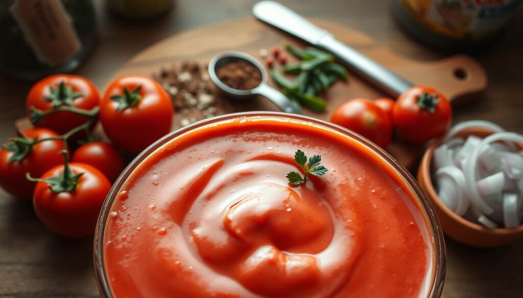 A vibrant and shiny bowl of red ranch sauce in the foreground, showcasing its rich, thick texture with slight glistening highlights. Surrounding the bowl are fresh ingredients like ripe tomatoes, diced onions, and a sprinkle of spices, arranged artistically to emphasize the sauce's components. In the middle ground, a rustic wooden cutting board acts as a backdrop, adorned with scattered herbs and a small spoon filled with seasoning. The background features a blurred kitchen setting with soft, warm lighting that evokes a cozy cooking atmosphere. The angle is slightly above the bowl, providing a top-down view that accentuates the sauce’s depth and color richness. The mood is inviting and appetizing, perfect for food enthusiasts eager to create their own dipping sauce.