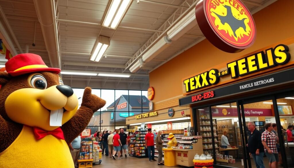 A vibrant and welcoming scene of Buc-ee's Richmond, capturing the essence of this Texas icon. In the foreground, include the distinctive Buc-ee's beaver mascot, cheerfully welcoming visitors in the store's signature colors of yellow and red. The middle layer features the bustling interior filled with shoppers, showcasing Texas-themed merchandise, snacks, and the famous clean restrooms. Fluorescent overhead lights illuminate the colorful displays. In the background, large windows reveal the exterior of the charming building, with its unique architecture and lively signage. The image should evoke a warm, inviting atmosphere that highlights the excitement and community spirit of Buc-ee's, shot with a wide-angle lens to emphasize the space and energy.