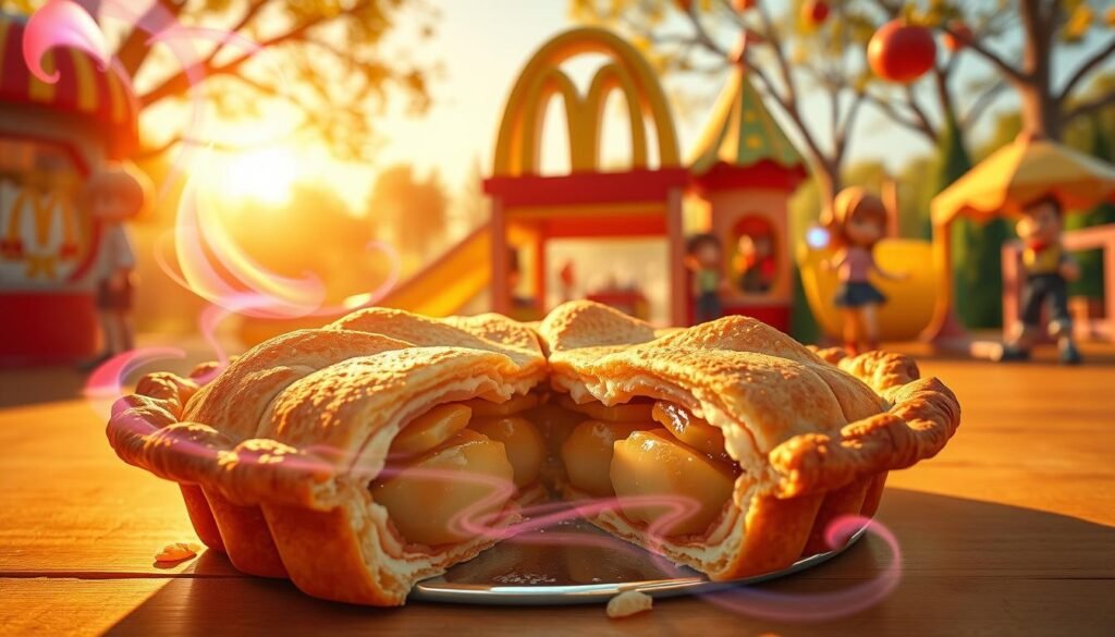 A vibrant and whimsical depiction of an "impact apple pie," inspired by a fusion of Genshin Impact and McDonald's. In the foreground, showcase a beautifully baked apple pie with flaky crust, cut into slices, revealing rich, glistening apple filling. Surround the pie with colorful, stylized elements reminiscent of Genshin Impact, such as magical swirling effects and cartoonish characters in modest casual clothing playfully interacting with the pie. In the middle background, include a charming McDonald's-style setting, featuring playful playground elements with a fantasy twist. The lighting should be warm and inviting, simulating a golden hour glow, casting soft shadows. Capture the scene from a low angle, emphasizing the pie's allure while creating a sense of excitement and joy in the atmosphere. A vibrant and whimsical depiction of an "impact apple pie," inspired by a fusion of Genshin Impact and McDonald's. In the foreground, showcase a beautifully baked apple pie with flaky crust, cut into slices, revealing rich, glistening apple filling. Surround the pie with colorful, stylized elements reminiscent of Genshin Impact, such as magical swirling effects and cartoonish characters in modest casual clothing playfully interacting with the pie. In the middle background, include a charming McDonald's-style setting, featuring playful playground elements with a fantasy twist. The lighting should be warm and inviting, simulating a golden hour glow, casting soft shadows. Capture the scene from a low angle, emphasizing the pie's allure while creating a sense of excitement and joy in the atmosphere.