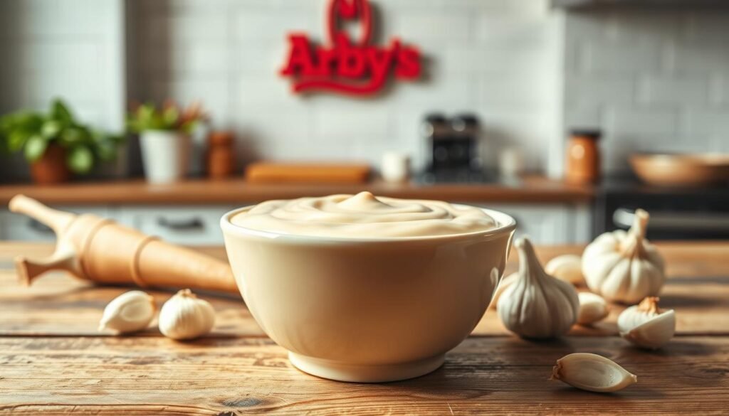 A vibrant, appetizing bowl of Arby's Horsey Sauce takes center stage in the foreground, showcasing its creamy, smooth texture and pale beige color. Surrounding the bowl, fresh ingredients such as horseradish roots and garlic cloves hint at the sauce's flavorful origins. The middle ground features a rustic wooden countertop, with a subtle glint from soft, natural lighting that highlights the sauce's sheen, creating an inviting atmosphere. In the background, a blurred Arby's restaurant sign and a light, airy kitchen setting evoke a sense of authenticity, making it feel homely and relatable. The composition is shot from a slightly elevated angle, providing a clear view of the sauce and its ingredients, capturing a warm, inviting mood perfect for a cooking guide.
