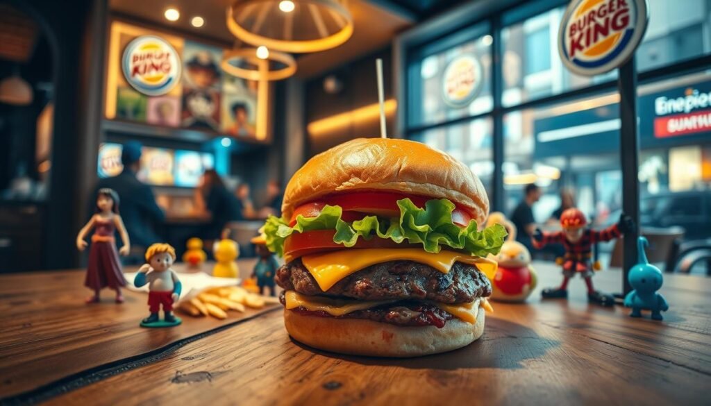 A vibrant, appetizing scene featuring a signature Burger King burger inspired by the One Piece anime. In the foreground, showcase the burger with layers of juicy beef, melted cheese, fresh lettuce, and a slice of ripe tomato, placed on a rustic wooden table. The burger is surrounded by colorful promotional items, such as themed collectible figures from One Piece, bringing a sense of excitement. In the middle ground, include a well-lit Burger King restaurant interior, featuring modern decor and patrons enjoying their meals. The background can show a hint of a bustling city street outside, with warm, inviting lighting filtering through the windows, creating a lively atmosphere. Use a slight overhead angle to capture the full deliciousness of the burger and the lively scene around it.