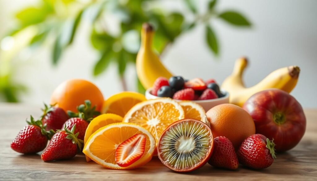 A vibrant assortment of fresh fruits displayed artistically on a clean wooden table. In the foreground, perfectly ripe strawberries, slices of juicy kiwi, and bright orange wedges are arranged in an appealing manner. The middle ground features a bowl filled with mixed berries, emphasizing color and freshness, while a single banana leans casually against the bowl. The background is softly blurred with hints of green leaves, creating a fresh, natural atmosphere. Soft, diffused sunlight filters through the scene, casting gentle shadows and highlighting the rich textures of the fruits. The composition is inviting and suggests a healthy, mindful lifestyle, perfect for setting the mood in a breakfast-focused article. A vibrant assortment of fresh fruits displayed artistically on a clean wooden table. In the foreground, perfectly ripe strawberries, slices of juicy kiwi, and bright orange wedges are arranged in an appealing manner. The middle ground features a bowl filled with mixed berries, emphasizing color and freshness, while a single banana leans casually against the bowl. The background is softly blurred with hints of green leaves, creating a fresh, natural atmosphere. Soft, diffused sunlight filters through the scene, casting gentle shadows and highlighting the rich textures of the fruits. The composition is inviting and suggests a healthy, mindful lifestyle, perfect for setting the mood in a breakfast-focused article.