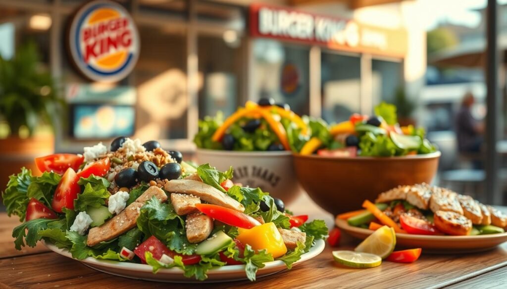 A vibrant assortment of international Burger King salads presented on a wooden table with an inviting outdoor cafe ambiance. In the foreground, showcase a lush Greek salad with fresh tomatoes, cucumbers, olives, and feta cheese, alongside a colorful Asian-inspired salad featuring mixed greens, sesame seeds, and grilled chicken. In the middle, include a bright Caribbean salad with mango and avocado, elegantly styled in a ceramic bowl. The background reveals a blurred Burger King restaurant facade, with warm afternoon sunlight casting gentle shadows, enhancing the fresh ingredients. Capture the scene with a shallow depth of field, using natural lighting to evoke a cheerful, inviting mood that reflects global variety and freshness.