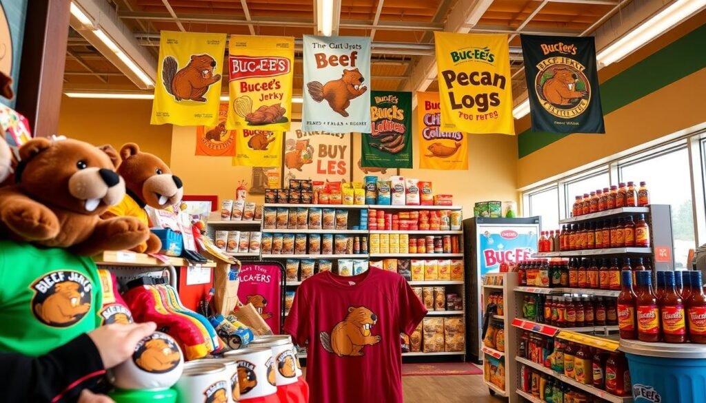 A vibrant assortment of popular Buc-ee's merchandise displayed in an inviting convenience store setting. In the foreground, feature colorful merchandise like plush toys, travel mugs, and T-shirts showcasing the Buc-ee's beaver logo. The middle ground includes a neatly organized shelf filled with snacks and drinks, such as beef jerky, pecan logs, and barbecue sauce, all with eye-catching packaging. The background should depict a brightly lit store interior with clean lines and playful merchandise banners hanging from the ceiling. Use warm, natural lighting to create a welcoming atmosphere, capturing the essence of a fun road trip stop. The angle should be slightly elevated, providing a comprehensive view of the merchandise while maintaining a focus on the variety available.