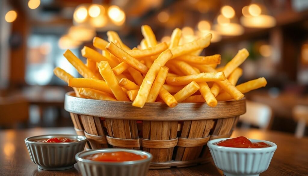 A vibrant close-up image of a rustic wooden basket overflowing with golden, crispy McDonald's fries. The fries are perfectly golden-brown, glistening with a light sprinkle of sea salt, with a few stray fries poking out over the edge. In the foreground, add dipping sauces like ketchup and barbecue in small, elegant bowls beside the basket. The background features a blurred restaurant setting with warm, inviting lighting that creates a cozy atmosphere. Use a shallow depth of field to emphasize the fries, capturing the texture and shine. The image should evoke a sense of comfort and indulgence, making it visually appealing and mouthwatering. Soft, natural light enhances the colors, inviting viewers to indulge in this delicious fry upgrade.