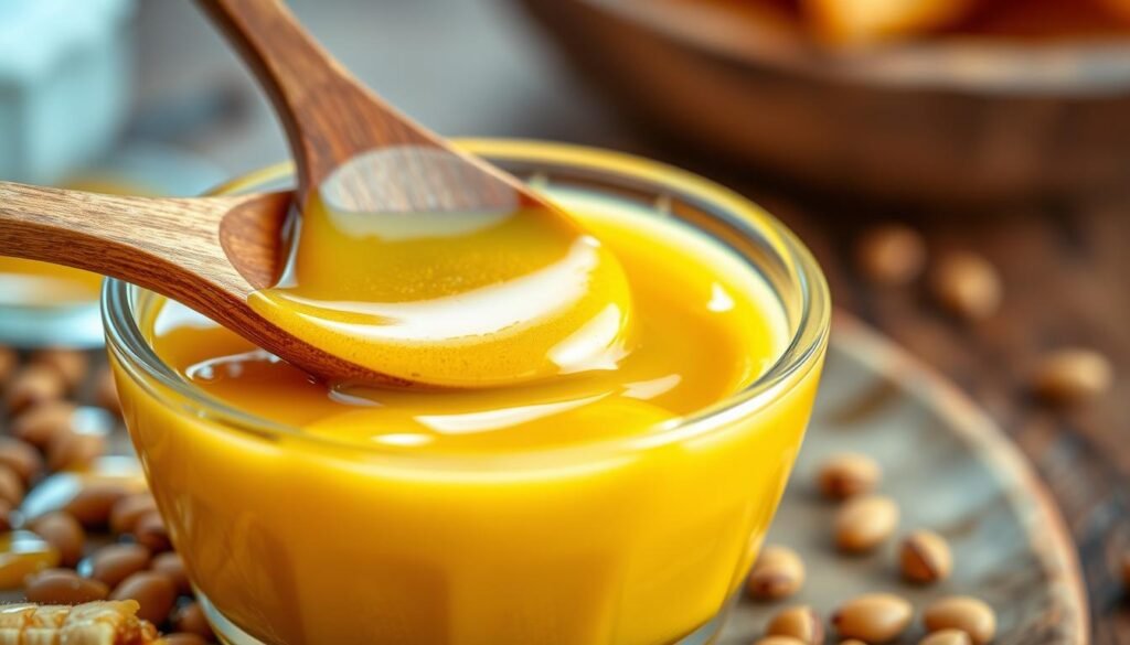 A vibrant close-up of a small, elegant glass bowl filled with glossy honey mustard sauce, showcasing its rich golden-yellow hue with a slight sheen that suggests the perfect balance of honey and sugar. The foreground features a wooden spoon dipped into the sauce, dripping lightly, emphasizing its thick and velvety texture. In the middle, a scattering of whole mustard seeds and drizzles of honey surrounds the bowl, adding visual interest and context. The background is softly blurred with rustic textures, perhaps a natural wood table, creating a warm, inviting atmosphere. Soft, diffused lighting casts gentle reflections on the sauce, enhancing its appetizing appearance, while a shallow depth of field keeps the focus on the honey mustard, conveying a sense of delicious intimacy.
