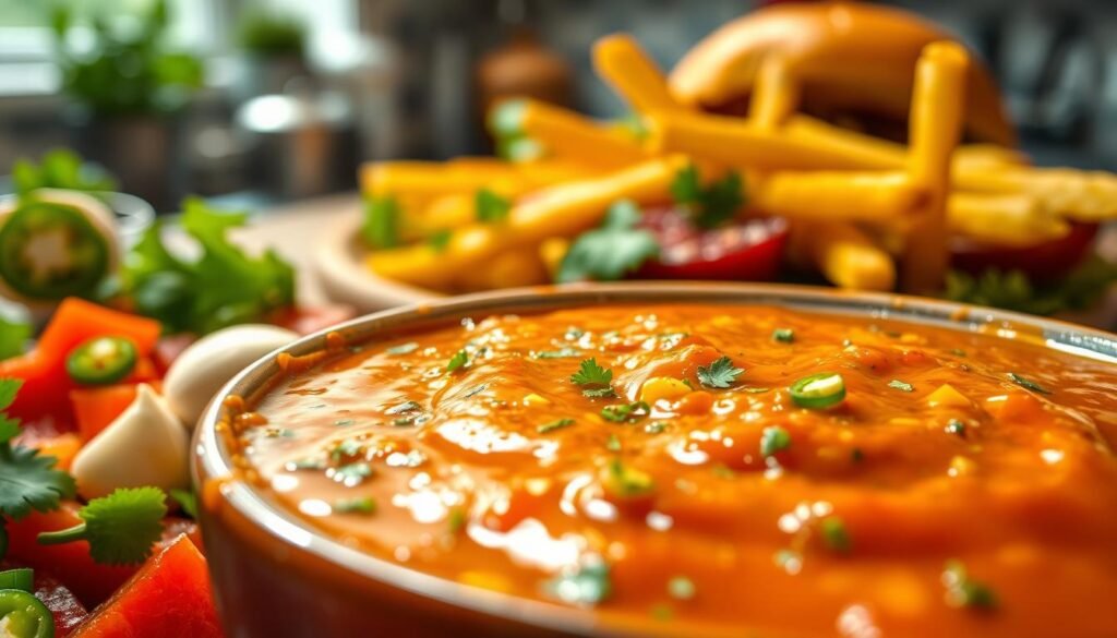 A vibrant, close-up view of a bowl of zesty sauce, glistening with a rich, glossy texture and speckled with fresh herbs and spices. In the foreground, the sauce is surrounded by an array of colorful ingredients, such as diced jalapeños, garlic cloves, and fresh cilantro, creating a lively, inviting scene. The middle ground features a softly blurred platter of golden-brown fries and juicy burgers, hinting at the sauce’s perfect pairing. The background is a warm, rustic kitchen setting with soft, natural lighting, enhancing the sauce's vibrant colors and giving a cozy atmosphere. The image should evoke a sense of excitement and flavor, inviting the viewer to explore the deliciousness of this signature dip.