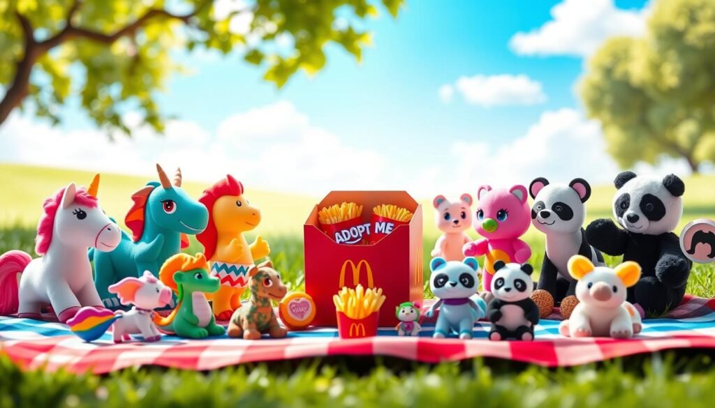A vibrant collection of "Adopt Me" toys from Roblox displayed in a visually engaging arrangement for a McDonald's Happy Meal theme. In the foreground, various adorable, colorful plush toys and figurines representing popular in-game pets like a unicorn, dragon, and panda are arranged on a playful picnic blanket. In the middle, a small McDonald's Happy Meal box partially open reveals additional toys and a colorful fries container, all set in a sunny setting reminiscent of a cheerful park. The background features lush green grass and a bright blue sky accented by fluffy white clouds, evoking a joyful atmosphere. Bright, soft lighting enhances the colors and details, creating a warm and inviting scene. The angle of the image is slightly elevated, giving a clear view of the toys while maintaining a playful perspective.