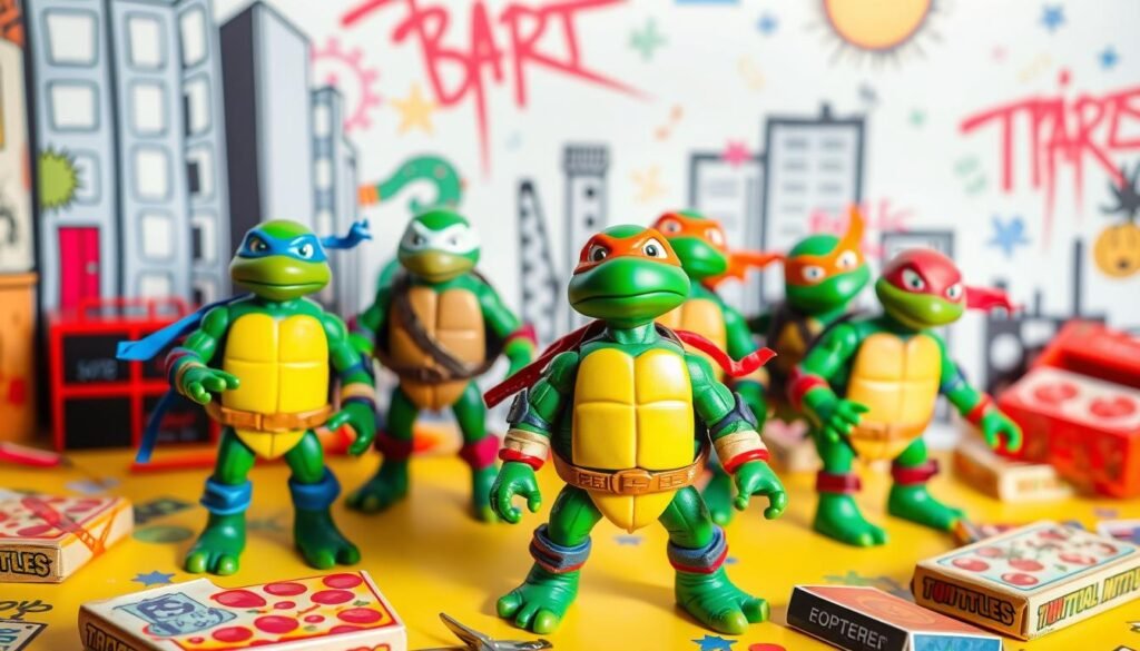 A vibrant collection of Teenage Mutant Ninja Turtles toys displayed prominently in the foreground, including figures of Leonardo, Michelangelo, Donatello, and Raphael, each showcasing their unique colors and accessories. The turtles are positioned on a bright, cheerful, and colorful background featuring iconic elements from their universe, like a cityscape covered in graffiti and pizza boxes scattered around. The lighting is bright and playful, enhancing the vivid colors of the toys, with soft shadows to add depth. The camera angle is slightly tilted from above, capturing the toys in a dynamic arrangement, creating an engaging, nostalgic mood. The scene is inviting and fun, perfect for appealing to both collectors and fans alike, with a sense of excitement and youthfulness in the atmosphere. A vibrant collection of Teenage Mutant Ninja Turtles toys displayed prominently in the foreground, including figures of Leonardo, Michelangelo, Donatello, and Raphael, each showcasing their unique colors and accessories. The turtles are positioned on a bright, cheerful, and colorful background featuring iconic elements from their universe, like a cityscape covered in graffiti and pizza boxes scattered around. The lighting is bright and playful, enhancing the vivid colors of the toys, with soft shadows to add depth. The camera angle is slightly tilted from above, capturing the toys in a dynamic arrangement, creating an engaging, nostalgic mood. The scene is inviting and fun, perfect for appealing to both collectors and fans alike, with a sense of excitement and youthfulness in the atmosphere.