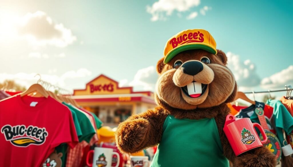 A vibrant collection of beaver mascot merchandise displayed prominently in the foreground. The focal point is a cheerful, plush beaver mascot wearing a whimsical Buc-ee's cap, surrounded by a variety of items: colorful t-shirts featuring the beaver, mugs, and keychains. In the middle ground, a quaint roadside gas station reminiscent of Buc-ee's can be seen, adding context. The background features a sunny sky with fluffy clouds, enhancing the cheerful atmosphere of the scene. The lighting is bright and inviting, suggesting a lively daytime setting. The composition conveys a sense of joy and fun, capturing the love travelers have for the beaver mascot in a warm and engaging way.