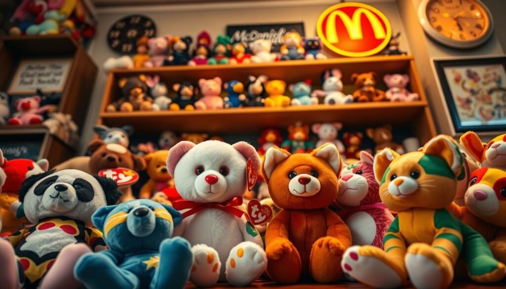 A vibrant collection of colorful Teenie Beanie Babies displayed prominently in a cozy, nostalgic setting. In the foreground, several cute, plush toys, including a panda, a bear, and a cat, are arranged playfully, each showing their distinct designs and vibrant patterns. The middle ground features a vintage-style wooden shelf filled with more Beanie Babies, softly illuminated, creating a warm and inviting atmosphere. In the background, a hint of a McDonald's logo can be seen, evoking a sense of childhood memories without being the focal point. The lighting is soft and warm, reminiscent of a sunset glow, enhancing the playful mood. The angle is slightly overhead to capture all the toys in context, creating an inviting and heartwarming scene that evokes nostalgia for the Teenie Beanie Babies craze.