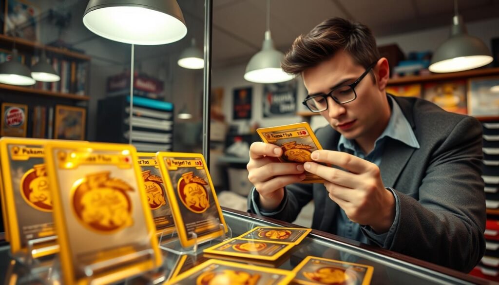 A vibrant collection of rare Burger King Pokemon gold cards, prominently displayed in an elegant display case. In the foreground, focus on a few standout cards, showcasing their glittering gold foil and intricate designs, with reflections highlighting their rarity. In the middle ground, a collector’s enthusiastic hands carefully examine another card, dressed in smart casual attire to suggest professionalism and passion for collecting. The background features soft, ambient lighting, ideally from overhead lamps casting a warm glow, enhancing the aura of value and excitement. The atmosphere conveys anticipation and nostalgia, with subtle hints of a busy collector's space, filled with memorabilia and storage boxes, set in an inviting room that celebrates the love of collecting.