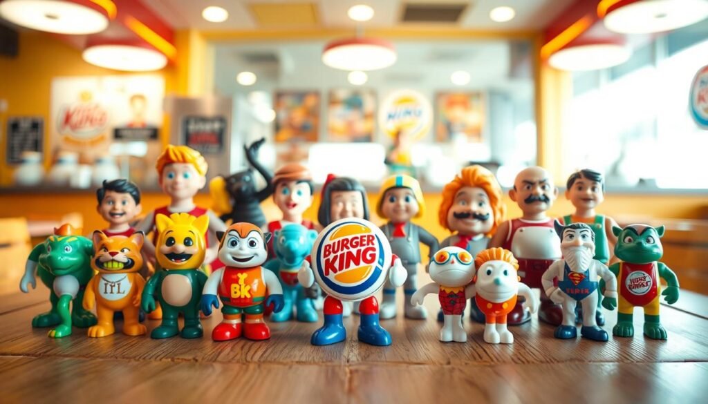 A vibrant collection of vintage Burger King kids' meal toys displayed prominently in the foreground, showcasing a variety of iconic characters and designs from the 1980s and 1990s. Each toy should be distinct, featuring vivid colors and intricate details. In the middle ground, a gently worn wooden table adds warmth, with soft shadowing enhancing the toys’ features. The background is a softly blurred restaurant backdrop, evoking a nostalgic atmosphere, with warm, golden lighting reminiscent of fast-food dining experiences. The scene is captured at eye level with a 50mm lens to create a subtle depth of field. The overall mood is cheerful and nostalgic, inviting the viewer to reminisce about their childhood.