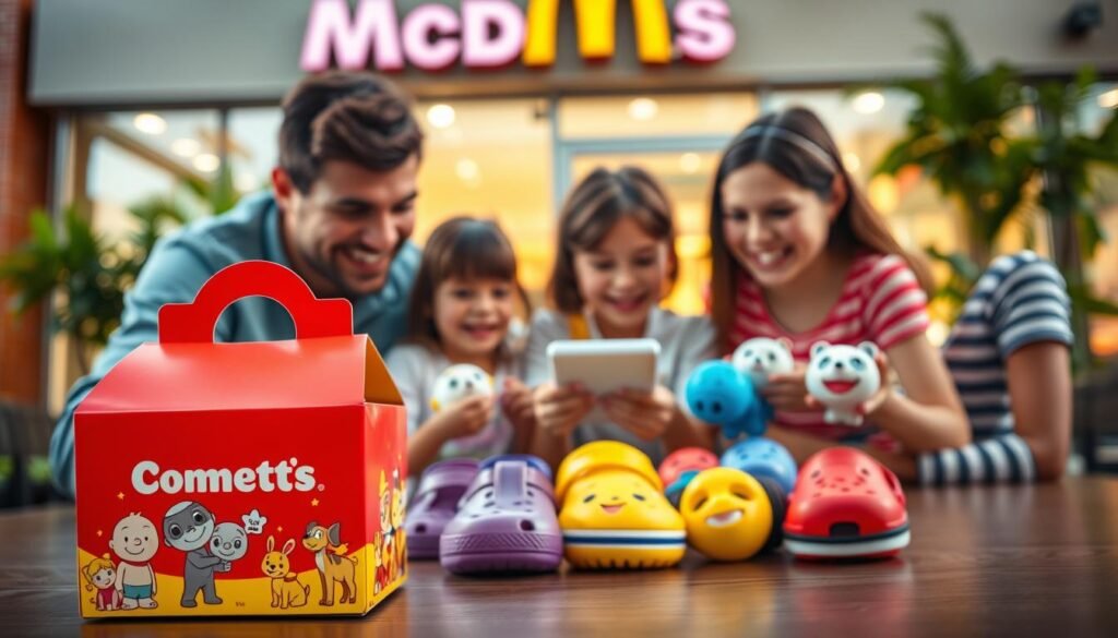 A vibrant, colorful Happy Meal box prominently displayed in the foreground, with a playful design featuring cartoon characters and bright red and yellow colors. Surrounding the box are several limited edition Crocs toys peeking out, showcasing their unique designs and vibrant colors. In the middle ground, a cheerful family, dressed in casual attire, enthusiastically examining the toys with smiles on their faces. Soft, ambient lighting bathes the scene, creating a warm and inviting atmosphere reminiscent of a fun family outing. In the background, a blurred McDonald's facade suggests a joyful visit to the restaurant, completed with lush greenery outside. The angle is slightly elevated, capturing both the box and family interaction while evoking a sense of excitement and nostalgia. The overall mood is upbeat and celebratory, perfect for illustrating a collection experience.