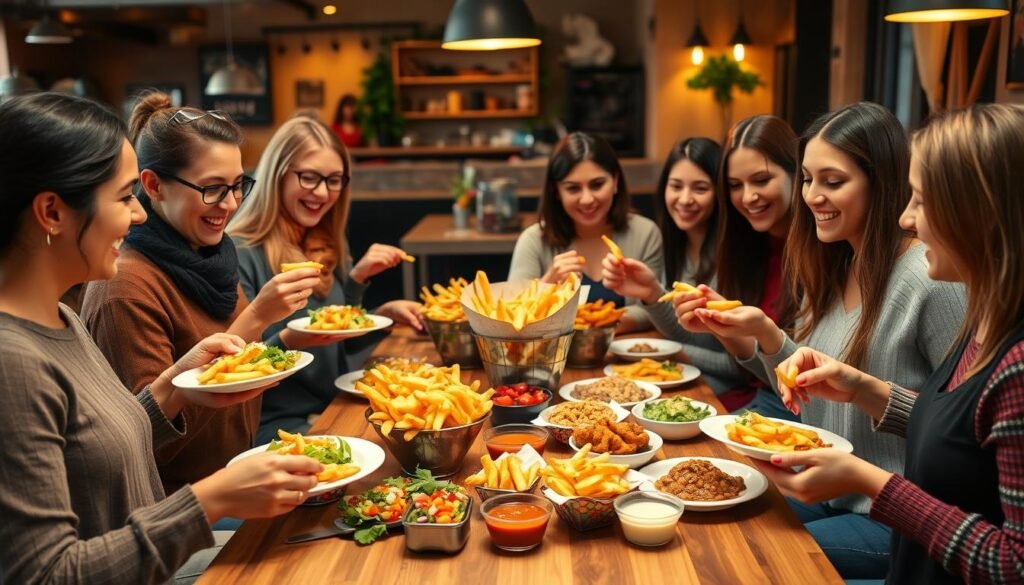 A vibrant community gathering showcasing a delicious gluten-free menu inspired by Arby’s fries. In the foreground, a diverse group of four friends, dressed in modest casual clothing, eagerly sharing and tasting plates of golden, crispy fries and various gluten-free dishes. In the middle, a beautifully arranged table adorned with colorful salads, sauces, and gluten-free snacks, highlighting the culinary experience. The background features a cozy café setting with warm lighting and rustic decor, enhancing the inviting atmosphere. The scene is captured from a slightly elevated angle to give a sense of inclusivity and engagement within the community, evoking a feeling of joy, connection, and shared experiences around gluten-free dining options.