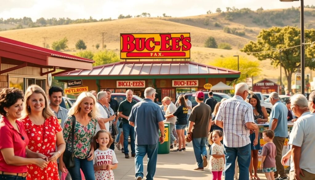 A vibrant community scene depicting the economic and social benefits brought by a popular establishment, featuring a bustling Buc-ee's location. In the foreground, diverse families and professionals gather outside the convenience store, smiling and engaging happily. The middle ground shows shoppers interacting with local vendors, representing a thriving marketplace. Brightly colored signage displays local products, reflecting regional pride. In the background, gently rolling hills and trees underline a welcoming small-town atmosphere, enhanced by warm, golden sunlight casting soft shadows. Utilize a wide-angle lens to capture the bustling environment, with a focus on joyful interactions. The overall mood is uplifting and community-oriented, highlighting prosperity, togetherness, and a sense of belonging.