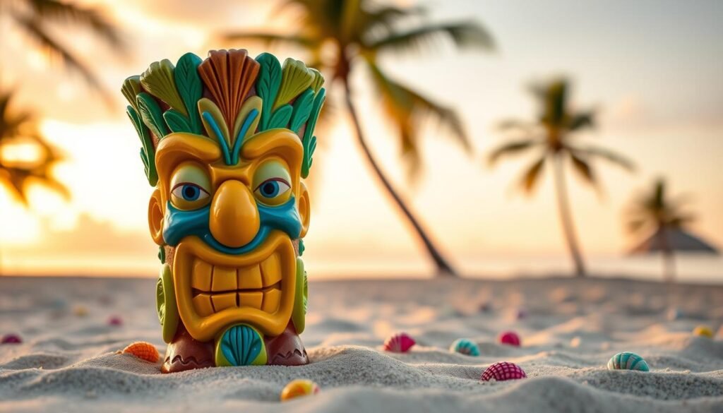 A vibrant, detailed squarepants tiki cup designed with a variety of tropical motifs, showcasing an expressive character design inspired by Bikini Bottom. The foreground features the intricately carved tiki cup, displaying bright colors of yellow, blue, and green with exaggerated facial features and textures reminiscent of palm trees and ocean waves. In the middle ground, a sandy beach scene is depicted, dotted with colorful seashells and small beach towels, enhancing the vacation vibe. The background includes softly blurred palm trees against a pastel sunset sky, casting golden hues that evoke a warm, inviting atmosphere. The lighting is soft and warm, reminiscent of late afternoon sun, creating a nostalgic and cheerful mood, perfect for showcasing this iconic collectible.