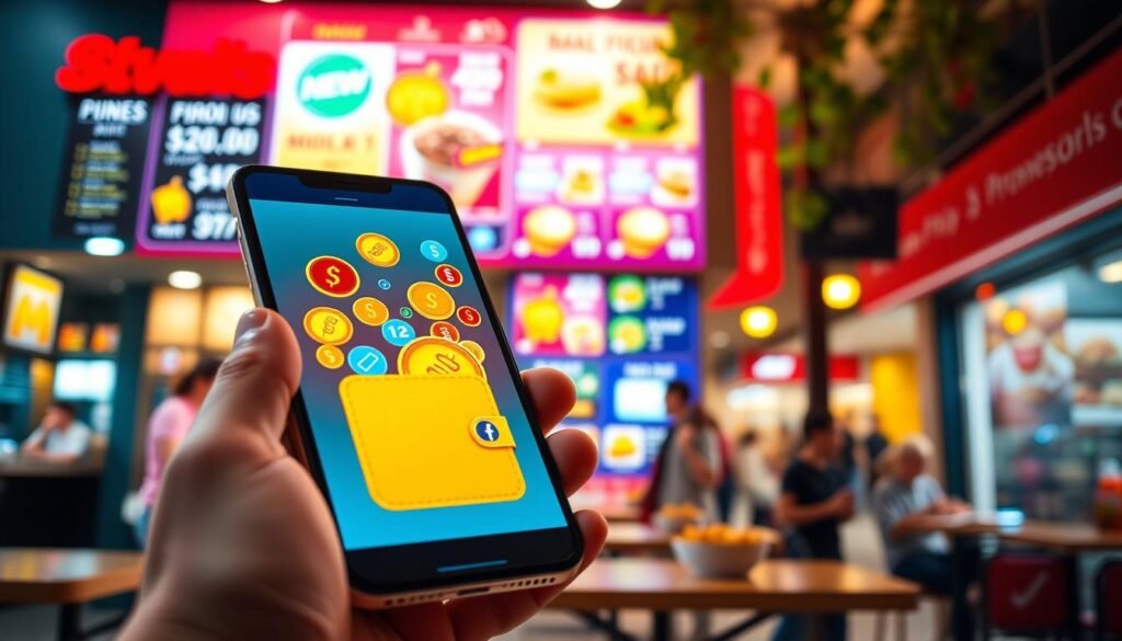 A vibrant digital rewards theme, featuring an array of colorful icons representing various promotions and discounts. In the foreground, a sleek smartphone displays a glowing digital wallet filled with gold coins and tickets, symbolizing value and savings. The middle ground showcases a bright and inviting fast-food restaurant setting, with a large digital menu board displaying evolving promotional offers in an attractive manner. The background features a bustling street scene with people enjoying their meals, adding life to the atmosphere. Soft, warm lighting creates an inviting mood, emphasizing excitement and positivity, captured with a slightly tilted angle to enhance the dynamic feel of the image. The overall atmosphere should convey a sense of modern convenience and engagement with food promotions.