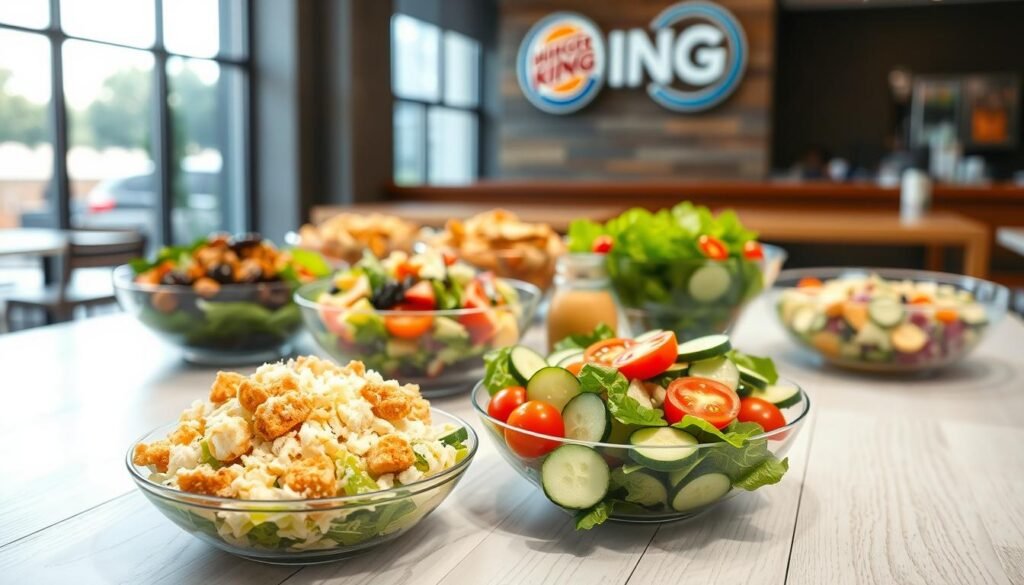 A vibrant display of Burger King salads arranged on a pristine wooden table. In the foreground, a fresh Caesar salad topped with crunchy croutons and grated Parmesan cheese, along with a colorful garden salad featuring mixed greens, cherry tomatoes, cucumbers, and a light vinaigrette. In the middle ground, an assortment of salads showcasing different ingredients, highlighting the variety available in the United States, all served in clear bowls. The background features a blurred glimpse of a Burger King restaurant, sunlight streaming through large windows, creating a welcoming and casual dining atmosphere. The composition captures a fresh and appetizing mood, inviting viewers to consider healthier options on the fast-food menu. Soft lighting enhances the colors of the salads, making them look especially enticing.