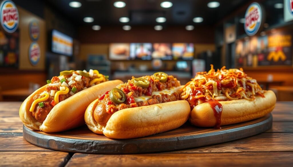 A vibrant display of Burger King’s grilled dog varieties arranged artfully on a rustic wooden table. In the foreground, showcase a classic grilled hot dog topped with mustard, relish, and diced onions, alongside a spicy chili dog garnished with jalapeños and cheese. In the middle ground, include a gourmet hot dog dressed with sauerkraut, crispy onions, and a drizzle of barbecue sauce, creating a colorful array of textures. The background should feature a blurred fast-food restaurant interior with warm, inviting lighting to evoke a casual dining atmosphere. Use a slightly elevated angle to emphasize the delicious details of the toppings, and ensure the mood is lively and appetizing, perfect for food enthusiasts. A vibrant display of Burger King’s grilled dog varieties arranged artfully on a rustic wooden table. In the foreground, showcase a classic grilled hot dog topped with mustard, relish, and diced onions, alongside a spicy chili dog garnished with jalapeños and cheese. In the middle ground, include a gourmet hot dog dressed with sauerkraut, crispy onions, and a drizzle of barbecue sauce, creating a colorful array of textures. The background should feature a blurred fast-food restaurant interior with warm, inviting lighting to evoke a casual dining atmosphere. Use a slightly elevated angle to emphasize the delicious details of the toppings, and ensure the mood is lively and appetizing, perfect for food enthusiasts.