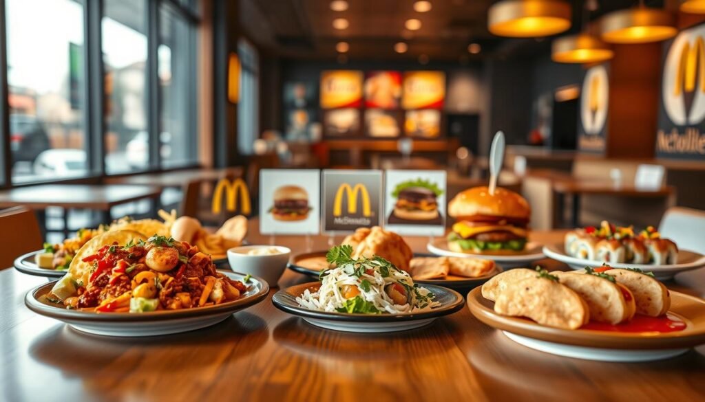 A vibrant display of global food offerings inspired by McDonald's Global Taste Tour concept. In the foreground, an elegant wooden table set with an array of beautifully plated international dishes, including a colorful Mexican taco, a fragrant Indian curry with naan, a classic American burger, and a delicate Japanese sushi platter. In the middle, soft-focus images of iconic McDonald's items adapted with local flavors, presented on stylish dishes. The background features a blurred view of an inviting fast-food restaurant interior with warm lighting that creates a welcoming atmosphere. The image captures the essence of global cuisine, blending familiarity with exotic tastes, enhancing the sense of discovery and adventure in dining. Use a slightly elevated angle to showcase the dishes effectively and create an inviting ambiance.
