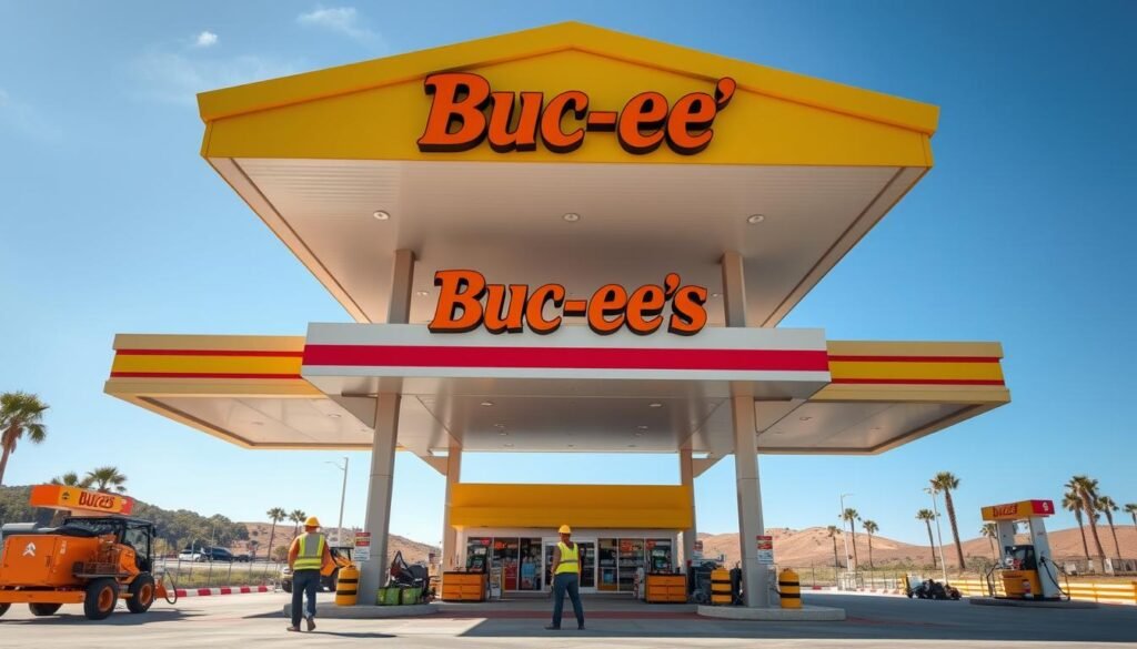 A vibrant, expansive view of a new Buc-ee's gas station under construction in Florida, showcasing its signature architecture with a large, welcoming entrance and bright signage. In the foreground, construction workers in professional attire are actively managing equipment and materials, while in the middle ground, the gas station fills with pumps and convenience store elements, exuding a sense of busy anticipation. The background features a clear blue sky and surrounding lush Florida landscapes with palm trees and gentle hills. The lighting is bright and sunny, evoking a cheerful atmosphere. Capture this scene with a wide-angle perspective to emphasize the scale of expansion and create a sense of excitement around the growth of the Buc-ee's brand.