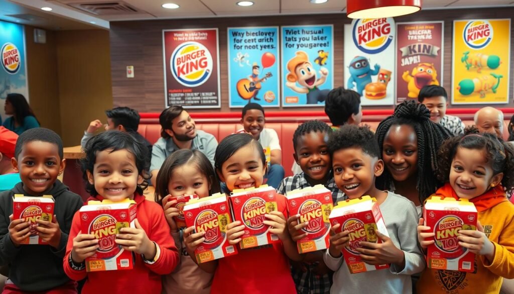 A vibrant gathering of diverse Burger King fans celebrating the latest King Jr. Meal promotions in a lively fast-food restaurant. In the foreground, a group of excited children holding their colorful kids meal boxes, displaying playful expressions as they share their toys. The middle ground showcases a cozy booth filled with families enjoying their meals, with cheerful adults in casual clothing, chatting and laughing. In the background, the walls are adorned with Burger King promotional posters featuring the latest toys, while the restaurant's signature colors of red and yellow shine through. The lighting is warm and inviting, enhancing the joyful atmosphere. Capture this scene from a slightly elevated angle, with a soft focus on the children, evoking a sense of community and fun around the shared experience of the King Jr. Meal promotions.