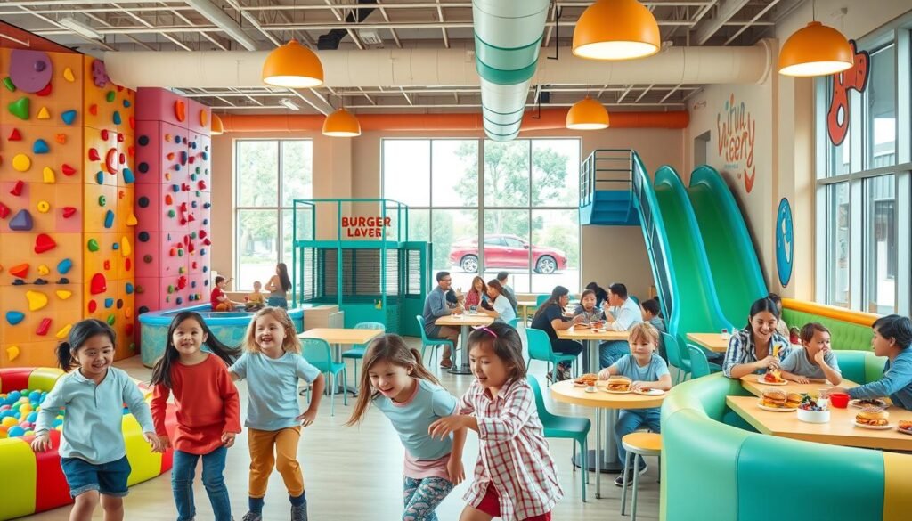 A vibrant indoor playground restaurant with colorful play structures designed for children, featuring climbing walls, ball pits, and soft slides. In the foreground, a group of kids in modest casual clothing joyfully play together. The middle section showcases tables with families enjoying burgers and fries, with happy parents interacting with their children in a lively atmosphere. The background includes large windows allowing natural light to flood in, creating a warm ambiance. Soft pastel colors dominate the scene, with decorative wall art promoting fun and excitement. The overall mood is cheerful and inviting, captured from a slightly elevated angle to emphasize the bustling activity within the space while maintaining a focus on the playful environment. A vibrant indoor playground restaurant with colorful play structures designed for children, featuring climbing walls, ball pits, and soft slides. In the foreground, a group of kids in modest casual clothing joyfully play together. The middle section showcases tables with families enjoying burgers and fries, with happy parents interacting with their children in a lively atmosphere. The background includes large windows allowing natural light to flood in, creating a warm ambiance. Soft pastel colors dominate the scene, with decorative wall art promoting fun and excitement. The overall mood is cheerful and inviting, captured from a slightly elevated angle to emphasize the bustling activity within the space while maintaining a focus on the playful environment.
