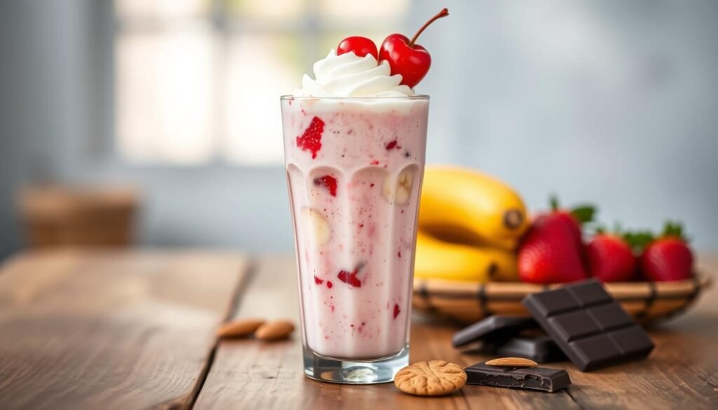 A vibrant, inviting gluten-free shake presented in a tall, clear glass, topped with a swirl of whipped cream and a cherry. The shake features a creamy texture with visible chunks of fresh fruit, such as bananas and strawberries, emphasizing its refreshing, natural ingredients. In the foreground, focus on the shake with a perfect bokeh effect in the background. Soft, natural lighting enhances the colors, creating a warm and inviting atmosphere. In the middle ground, a few gluten-free snack options, like almond cookies and dark chocolate, complement the drink. Place the shake on a rustic wooden table to evoke a homely vibe, capturing the essence of healthy indulgence. The overall mood should be one of comfort and satisfaction, appealing to health-conscious individuals.