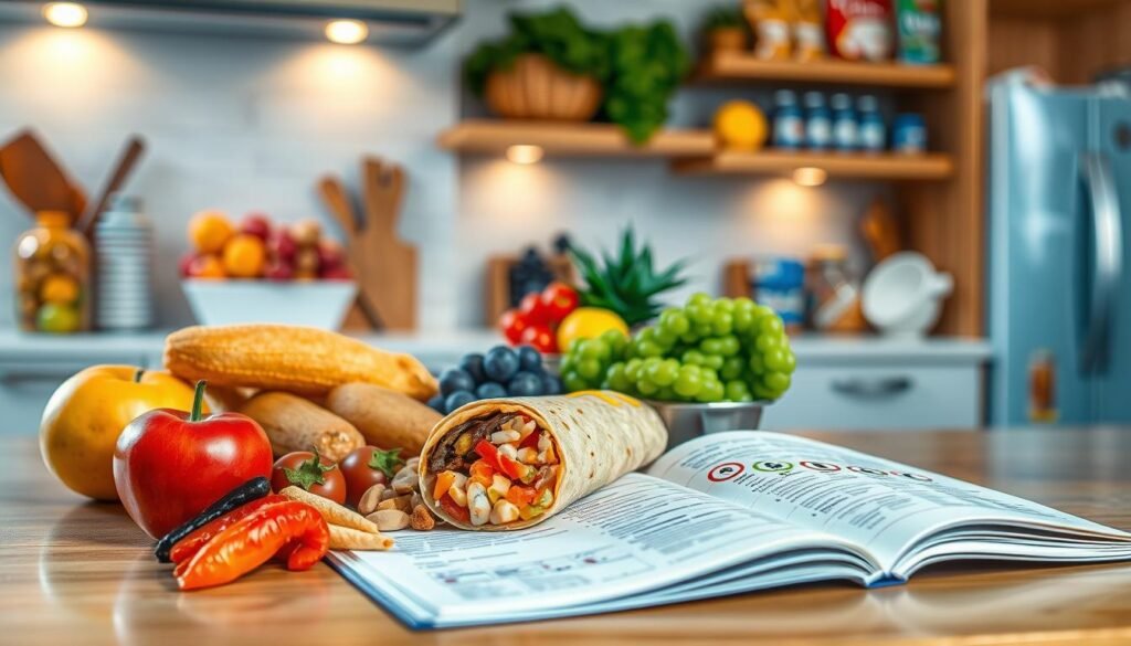 A vibrant kitchen countertop scene showcasing various food items that represent common allergens, such as peanuts, shellfish, dairy products, and gluten-containing items. In the foreground, an open notebook with detailed allergen information is visible, alongside a colorful array of fresh fruits and vegetables symbolizing safe options. The middle ground features a stylishly arranged McDonald’s breakfast burrito, cut in half to reveal its ingredients, with allergen icons subtly placed nearby. The background includes a well-lit kitchen with soft, warm lighting enhancing a welcoming atmosphere, and shelves neatly displaying food packets with clear labels. The overall mood is informative yet inviting, emphasizing the importance of awareness in dietary needs.