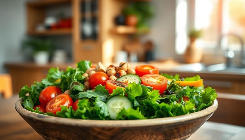 A vibrant, market-fresh salad displayed in an artisan bowl, featuring crisp mixed greens, ripe cherry tomatoes, sliced cucumbers, and colorful bell peppers. Adding a protein choice like grilled chicken or chickpeas, the salad is beautifully arranged, with a light drizzle of balsamic vinaigrette glistening on top. Foreground: the salad is the main focus with a shallow depth of field, creating a sense of freshness. Middle: a wooden table set against a softly blurred kitchen background, infused with warm, natural light streaming in from a window, casting gentle shadows. The atmosphere is inviting and wholesome, reflecting a healthy, appetizing meal. The composition invites the viewer to appreciate the freshness and quality of the ingredients without any text or overlays.