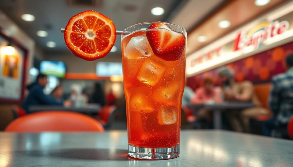 A vibrant, refreshing scene capturing a glass of fiery strawberry sprite, with bright red strawberries and bubbling effervescence to highlight its zesty character. In the foreground, the glass is adorned with ice cubes, condensation, and a vibrant slice of strawberry resting on the rim, with fiery red and orange hues suggesting spiciness. The middle layer features a blurred background of a lively fast-food restaurant setting, with patrons enjoying their meals, creating a cheerful atmosphere. Soft, warm lighting enhances the drink's colors, providing a lively and inviting mood. Capture the scene with a shallow depth of field, focusing sharply on the refreshing drink in the foreground while blurring the background, using a wide-angle lens effect to enhance the vibrancy.