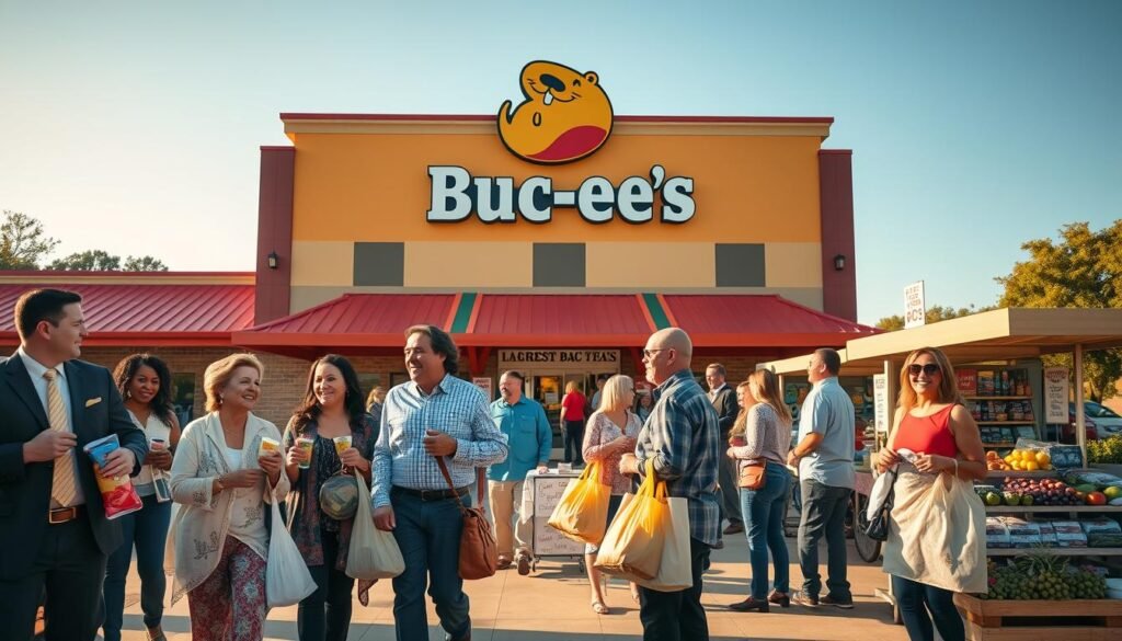 A vibrant scene depicting the bustling exterior of the largest Buc-ee's in Texas, showcasing its iconic beaver logo and expansive gas station. In the foreground, a diverse group of customers in professional and modest casual attire interact happily, carrying bags of snacks and refreshments. In the middle ground, local vendors and artisans display handmade crafts and local produce, illustrating a sense of community collaboration. The background features the colorful facade of Buc-ee's, surrounded by a clear blue sky and lush greenery, emphasizing a thriving environment. The late afternoon sunlight casts a warm, inviting glow, creating a cheerful and optimistic atmosphere that highlights the economic impact on the local community. Use a slightly elevated angle to capture the lively interaction and the bustling environment effectively.