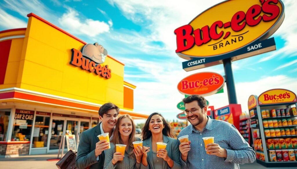 A vibrant scene depicting the evolution of the Beaver Brand, showcasing a modern Buc-ee's store exterior, emphasizing its iconic beaver logo prominently on a bright facade. In the foreground, a joyful family of four in professional casual attire is enjoying snacks from the store, smiling and interacting with each other. The middle ground features colorful signage and merchandise displays that highlight the variety of products available, reflecting the brand's growth over the years. The background captures a clear blue sky with wispy clouds, enhancing the inviting atmosphere, while the warm lighting casts a cheerful glow over the scene. The image should evoke a sense of community and nostalgia, emphasizing the brand’s journey through time.