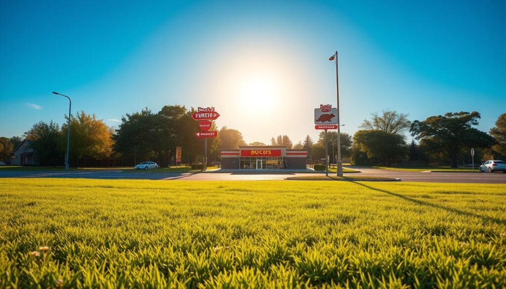 A vibrant scene depicting the proposed Worthsville Road site in Greenwood, Indiana, showcasing a spacious area of undeveloped land under a clear blue sky. In the foreground, an inviting green lawn with healthy grass and a few scattered wildflowers. The middle ground features a paved road with directional signs pointing towards nearby attractions, including a stylized Buc-ee's convenience store design in the background, complete with its iconic beaver logo. Surrounding the site, mature trees provide a natural backdrop while a soft golden sunlight bathes the scene, casting gentle shadows and creating a warm, welcoming atmosphere. The composition is set at eye level, capturing the essence of urban development nestled in nature, emphasizing community growth while maintaining a serene ambiance. The mood is hopeful and anticipatory, reflecting the excitement of a new convenience store coming to life.