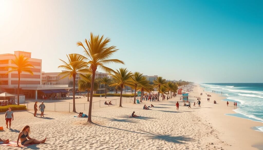 A vibrant scene of Daytona Beach in Florida, showcasing the beautiful sandy shoreline under a bright blue sky. In the foreground, there are a few beachgoers dressed in casual summer clothing enjoying the day—some are playing beach volleyball, while others are relaxing on colorful beach towels. In the middle ground, iconic palm trees sway gently in the warm breeze, and a small crowd strolls along the bustling boardwalk with beach shops and eateries. In the background, the sparkling Atlantic Ocean stretches to the horizon, with soft waves lapping at the shore. The image is captured during golden hour, creating a warm, inviting atmosphere with soft, natural lighting that enhances the colors and textures of the scene. This picturesque view embodies the essence of a sunny day in Florida.