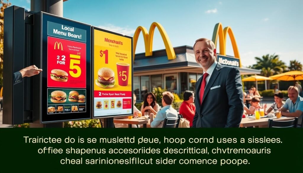 A vibrant scene showcasing a digital menu board at a local McDonald's, displaying colorful promotional graphics for "2 for $5 menu specials." In the foreground, a friendly franchisee stands proudly, dressed in professional business attire, pointing at the menu with a welcoming smile. In the middle ground, families enjoy meals at outdoor tables with a bright summer atmosphere, sharing laughter and cheerful moments. The background features the iconic McDonald's restaurant with its golden arches under a clear blue sky, surrounded by lush greenery. The lighting is warm and inviting, casting soft shadows that enhance the friendly vibe. The overall mood is upbeat and community-focused, emphasizing local involvement in shaping special promotions.