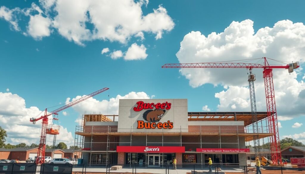 A vibrant scene showing a Buc-ee's convenience store currently under construction in Murfreesboro, TN. In the foreground, a large construction site with scaffolding, cranes, and workers in professional safety gear, including hard hats and high-visibility clothing. The middle layer features the partially completed structure of the Buc-ee's building, showcasing its iconic architectural style with a large beaver mascot logo prominently displayed on the facade. In the background, a sunny blue sky with fluffy white clouds and the outline of neighboring buildings typical of Murfreesboro’s suburban landscape. The lighting is bright and cheerful, suggesting a promising future for the store. The composition should be captured from a slightly elevated angle to emphasize the scope of the construction site and its surroundings, creating a hopeful and energetic atmosphere.