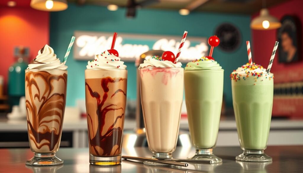 A vibrant selection of hand-spun milkshake varieties in an inviting diner setting. In the foreground, three tall, frosted glass milkshakes with swirls of cream and colorful toppings—one chocolate, one strawberry, and one mint green—each garnished with whipped cream, cherries, and colorful sprinkles. In the middle, a classic countertop with vintage diner elements, featuring a shiny metallic blender and a few stainless steel straws placed beside the milkshakes. In the background, warm lighting creates a cozy atmosphere, enhancing the pastel-colored walls and retro decor, with soft bokeh effects. The scene evokes a nostalgic and cheerful mood, perfect for enjoying delicious hand-spun treats.