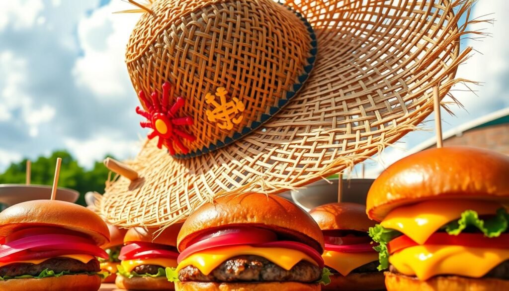 A vibrant straw hat, intricately woven with natural fibers, resting atop an array of colorful burgers inspired by anime characters. In the foreground, the hat features bright embellishments resembling One Piece marine motifs, blending subtly with the food around it. The middle ground showcases a cozy outdoor table setting, complete with enticing, stylized burgers showcasing vibrant colors and delicate garnishes that reflect the significance of anime visuals. The background presents a sunny sky with fluffy clouds, enhancing the cheerful mood of a summer gathering. Soft, diffused sunlight casts gentle shadows, highlighting the textures of the hat and burgers. The angle is slightly elevated to create an inviting perspective, inviting viewers to explore the playful intersection of culture and cuisine.