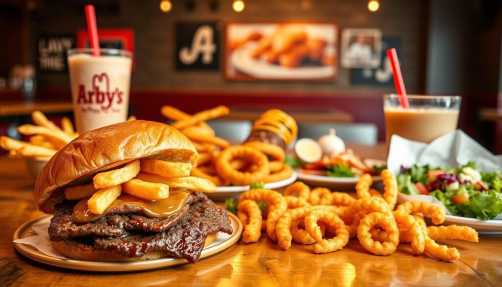 A vibrant tabletop display of popular fast food items laid out invitingly for Arby's Happy Hour. In the foreground, showcase a delicious classic roast beef sandwich with a glossy bun, crispy curly fries golden and steaming, and a side of creamy Jamocha shake in a clear cup. The middle ground features a colorful assortment of limited-time menu items like loaded onion rings and a fresh garden salad, elegantly arranged on contrasting plates. In the background, subtly suggest a warm and cozy fast-food restaurant ambiance, with soft, golden lighting that enhances the food's textures. Use a wide-angle lens to create depth and highlight the appealing spread, evoking a cheerful and appetizing atmosphere, perfect for capturing the essence of popular food items to try during Happy Hour.
